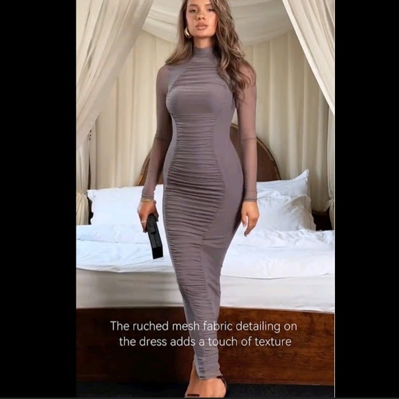 🎉 Captivating Elegant midi dress with mock neck and ruched mesh detailing - Picture 8 of 16